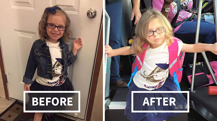 27 Hilarious Pics Of Kids Before & After Their First Day Of School