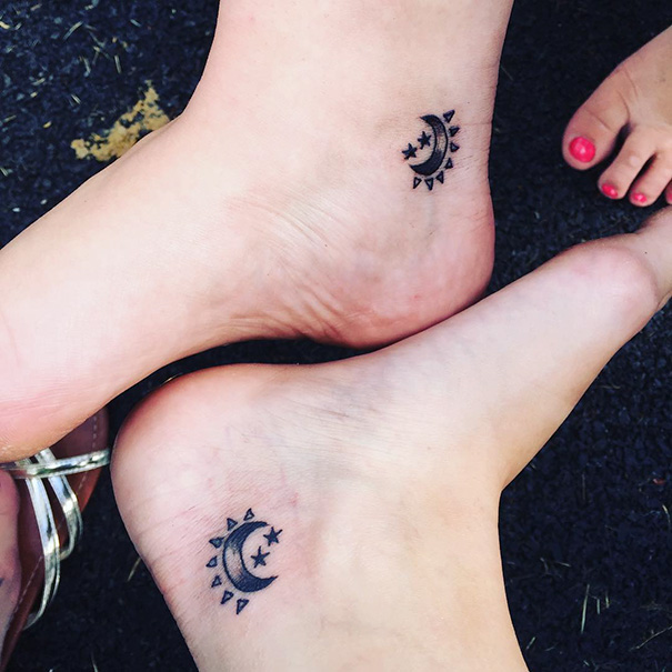 Two small moon and sun feet tattoos 