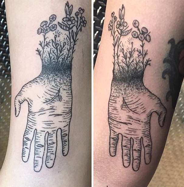Two hand and flower leg tattoos 