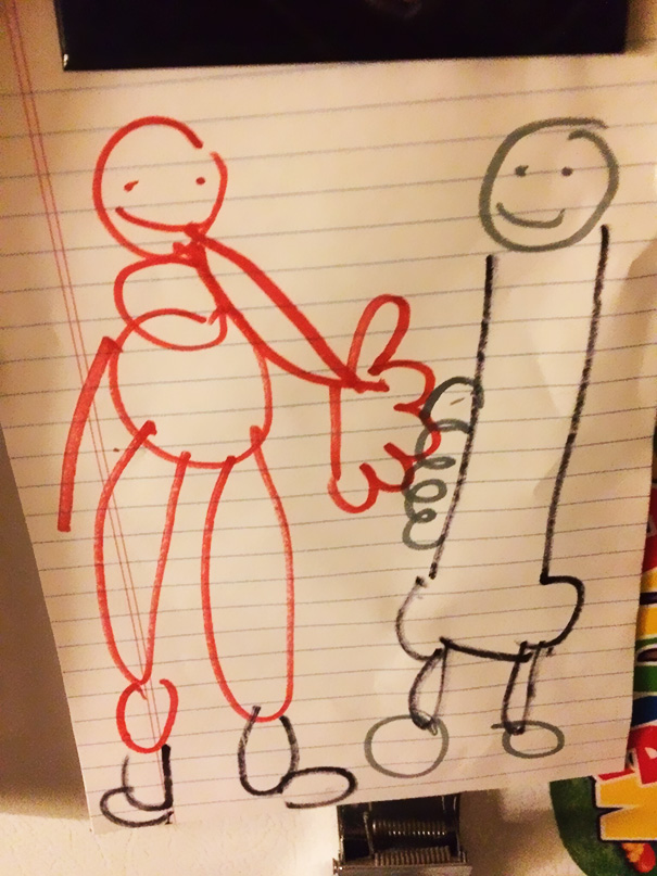 Friend Of Mine's Kid Drew This. He Said It Was "Daddy Shaking Hands With Santa Claus"