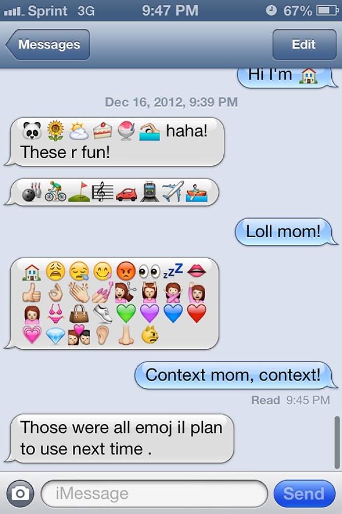 Mom sends a text filled with random emojis; child replies humorously about context.