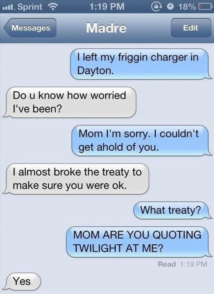 "Funny text exchange with mom referencing a Twilight quote."