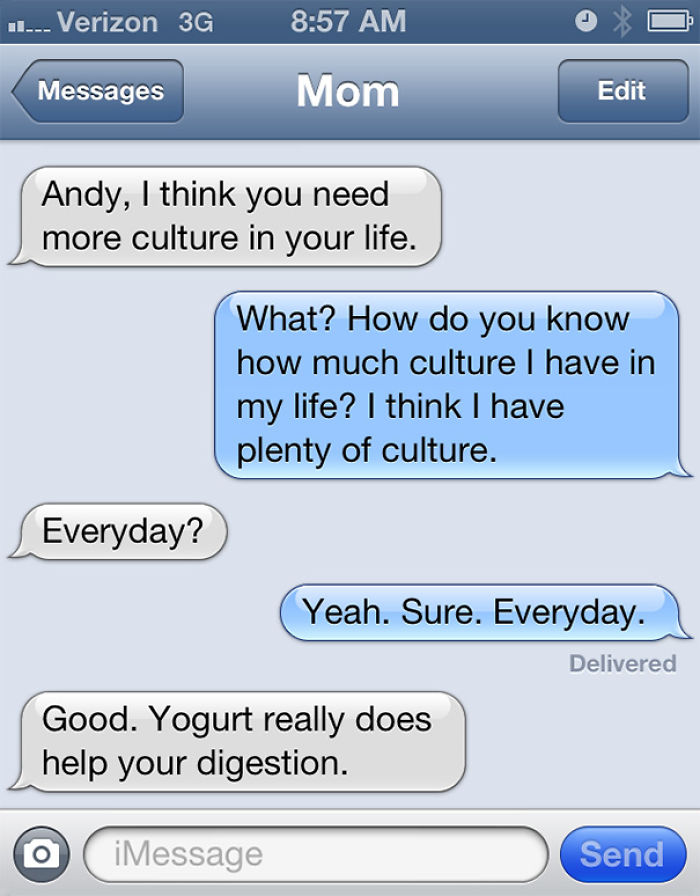 Texts from moms showcasing a funny misunderstanding about needing more "culture" through yogurt.