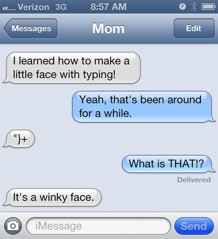 Funny mom text about learning to type a winky face emoticon.