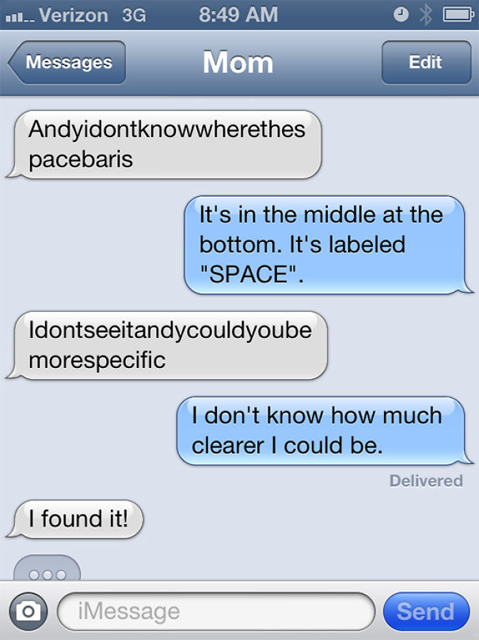 Text exchange with a mom struggling to find the space bar, highlighting funny text conversation.