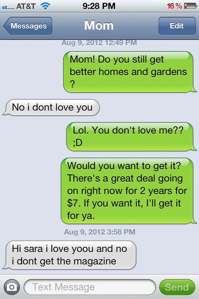 Funny text exchange between mom and child about a magazine subscription deal.