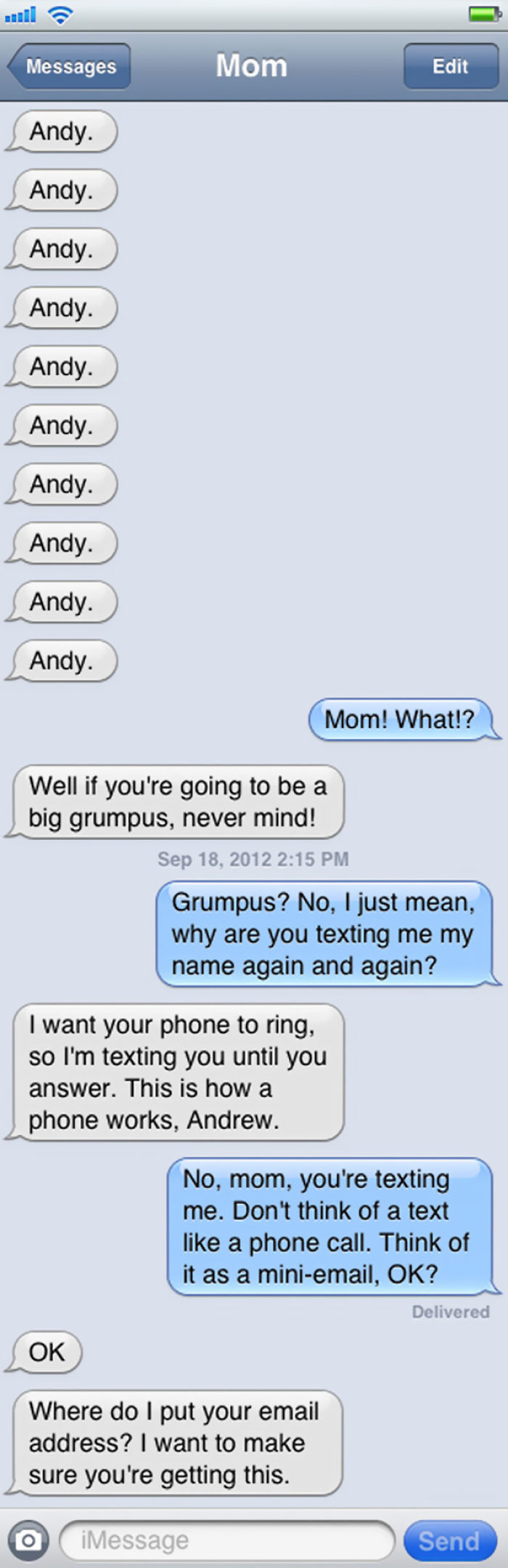 Funny text exchange between mom and son about how texting works.