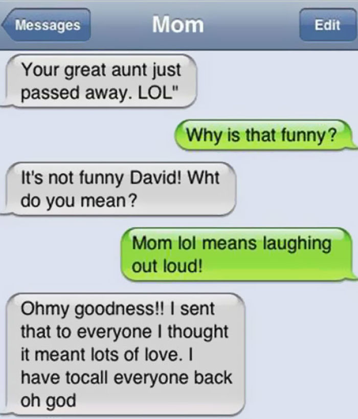 Funny text exchange with mom misunderstanding "LOL" as "lots of love."
