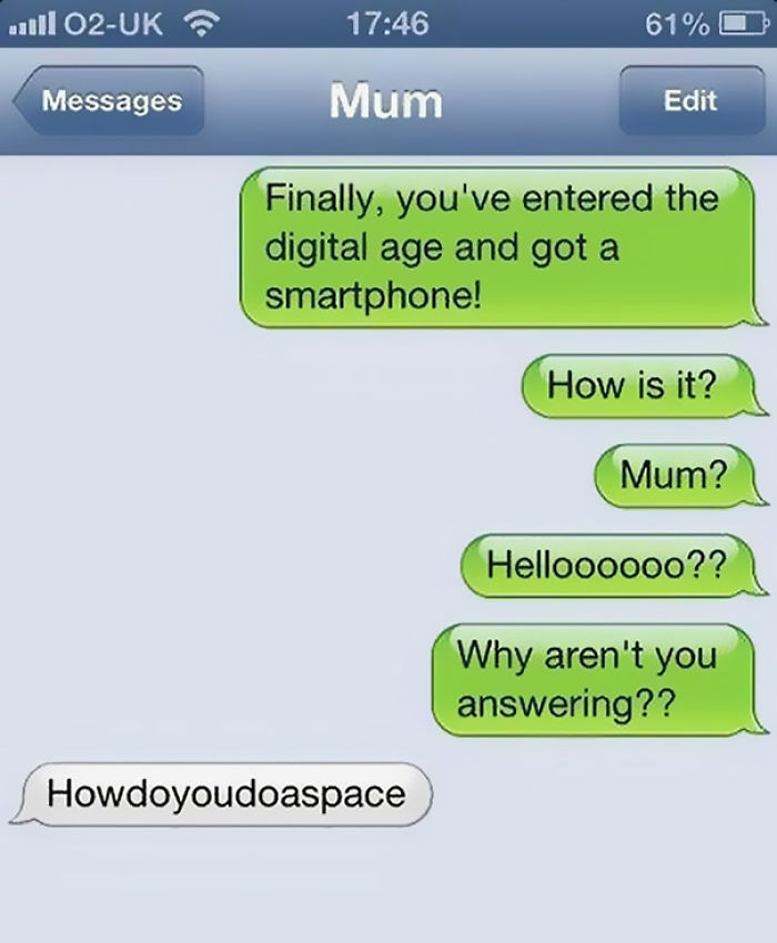 Funny text exchange with mom struggling to use a smartphone.