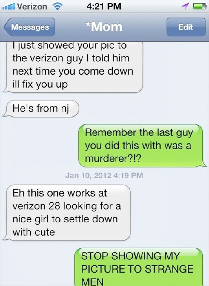 Funny mom texts about setting up daughter with a Verizon employee from NJ, causing concern over a previous encounter.