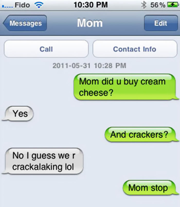 Funny text exchange from a mom joking about crackers and cream cheese.