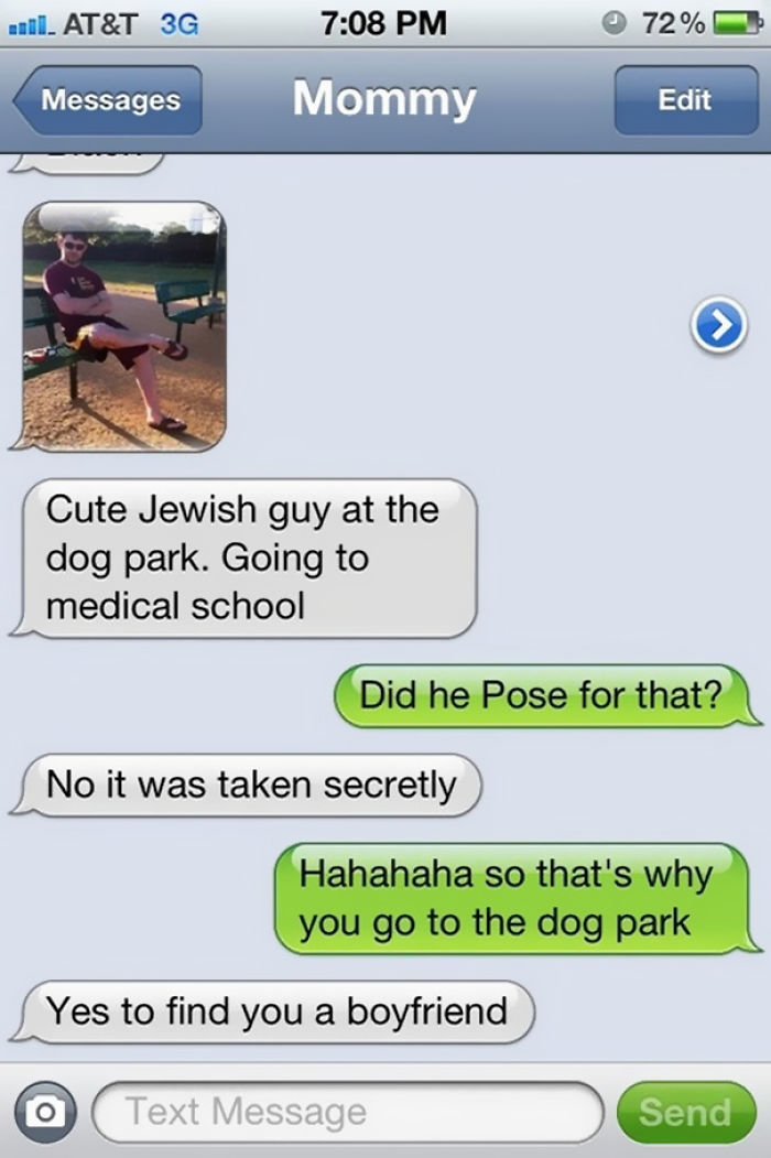 Funny text from mom about meeting a cute guy at the dog park, shared as a screenshot.
