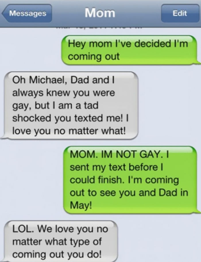 Funny text exchange between mom and son about coming out plans.