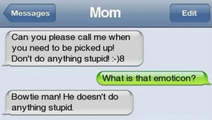Mom sends funny text about a bowtie emoticon in a message exchange.