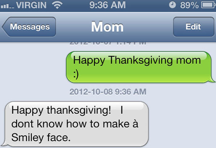 Text exchange with mom on how to make a smiley face, showcasing funny texts.
