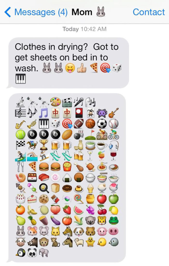 Text conversation with mom using emojis humorously to describe household chores.