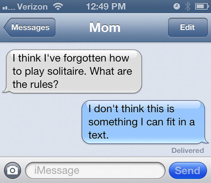 Funny text exchange between mom and child about solitaire rules.
