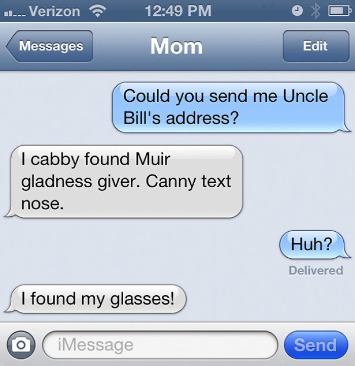 Funny texts from mom: a text exchange about finding glasses, with humorous autocorrect mishaps.