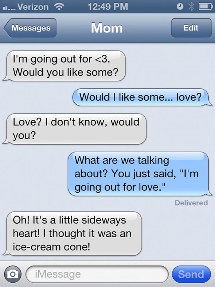 Funny text exchange between a mom and child about a sideways heart emoji misunderstood as an ice cream cone.