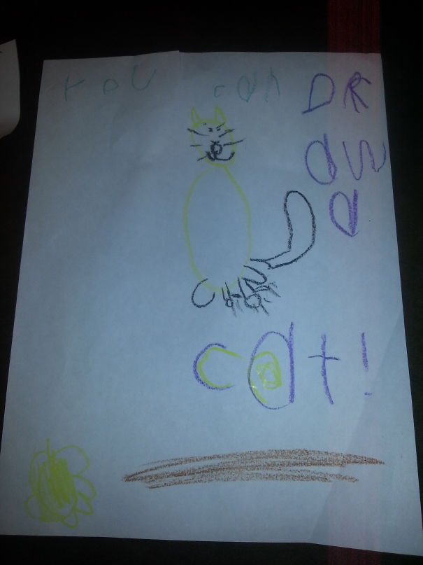 My Daughter Drew This Picture Of A Cat In Kindergarten!