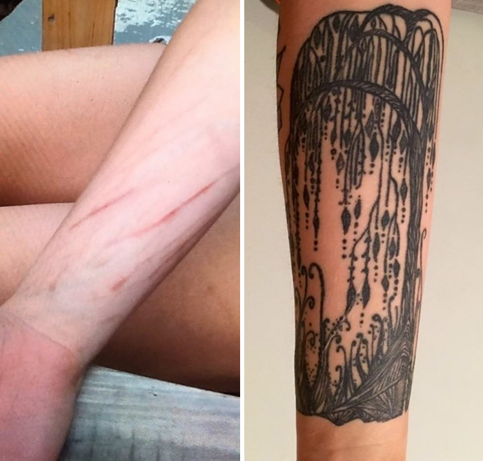 Willow Tree Tattoo Covering Scars From Self-Harm