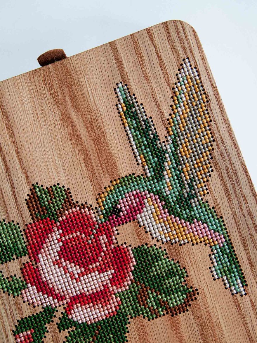 Wearable Wooden Bags That I Cross-Stitch With Nature Patterns