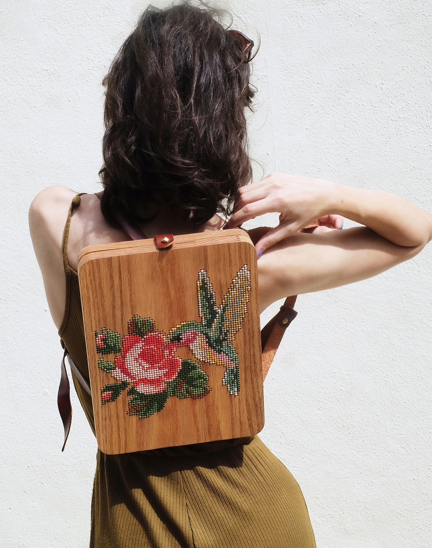 Wearable Wooden Bags That I Cross-Stitch With Nature Patterns