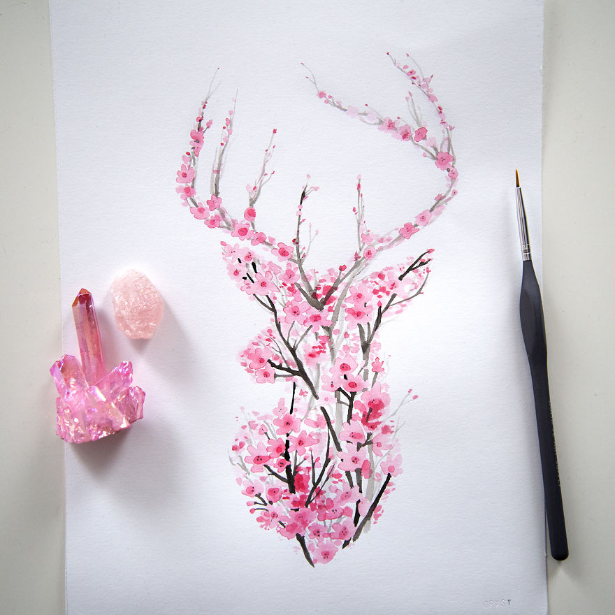 I Watercolor Cherry Blossom Animals