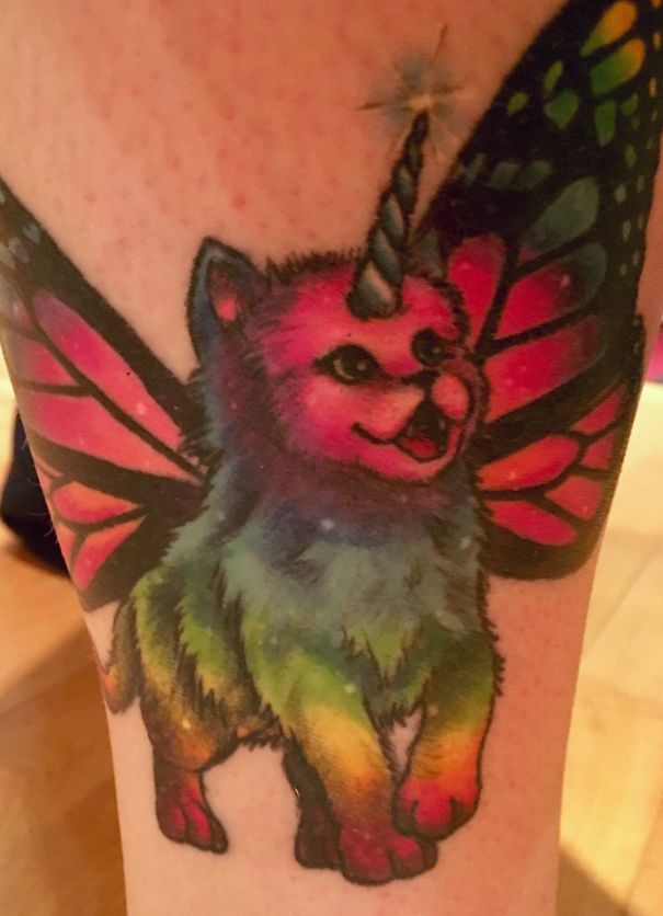 Rainbow Unicorn Kittenfly cat tattoo