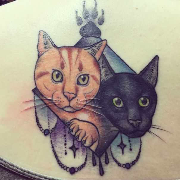 Colorful brown and black cats back tattoo