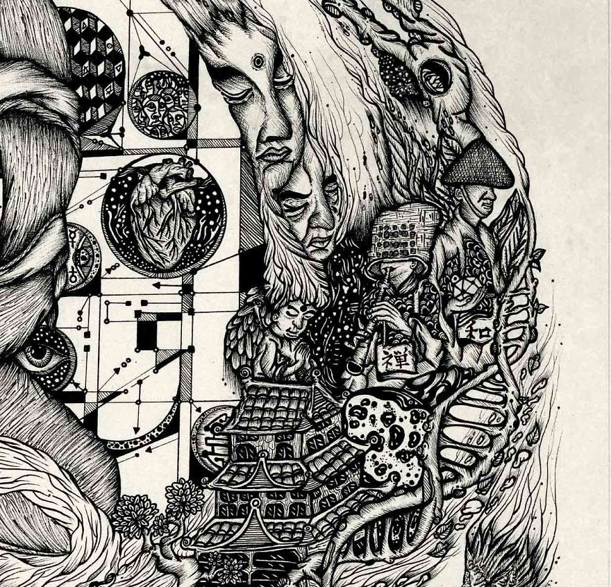 The Amalgamation - Hand-Drawn Pen And Ink Artwork Inspired By Religions, Alchemy And Nature