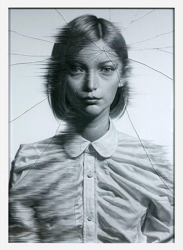 The Cracked Portrait, Pencil Drawing And Glass