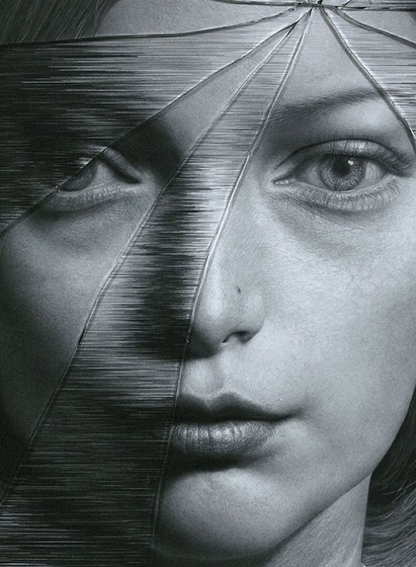 The Cracked Portrait, Pencil Drawing And Glass