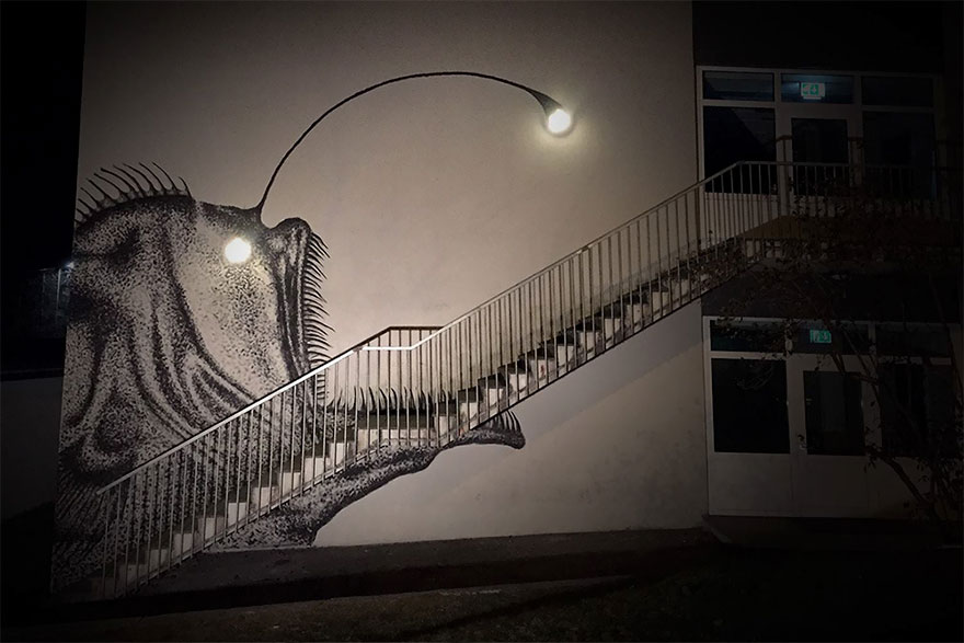 Street Artist Turns Boring Stairs Into Nightmarish Anglerfish