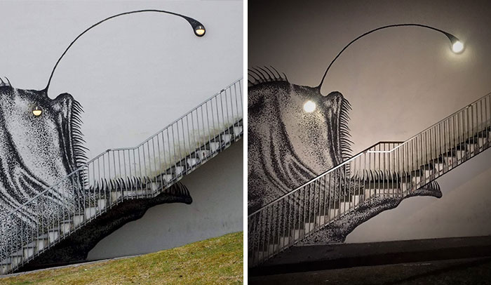 Street Artist Turns Boring Stairs Into Nightmarish Anglerfish