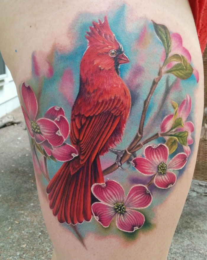 Colorful leg bird tattoo 