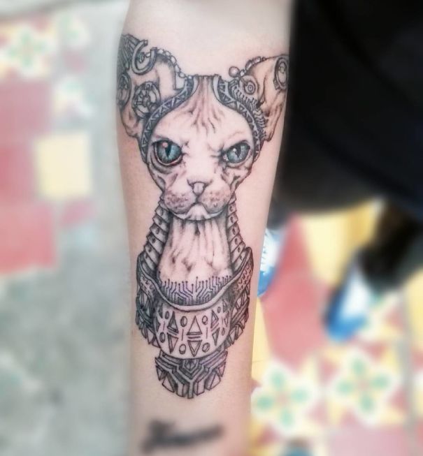 Cat with jewelry arm tattoo
