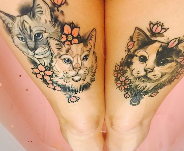 Cats portraits with flowers leg tattoos