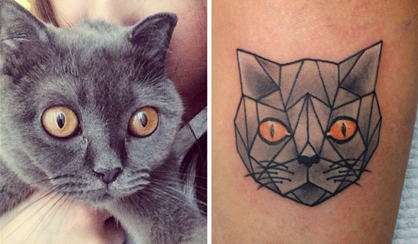 Cat geometrical portrait with brown eyes tattoo