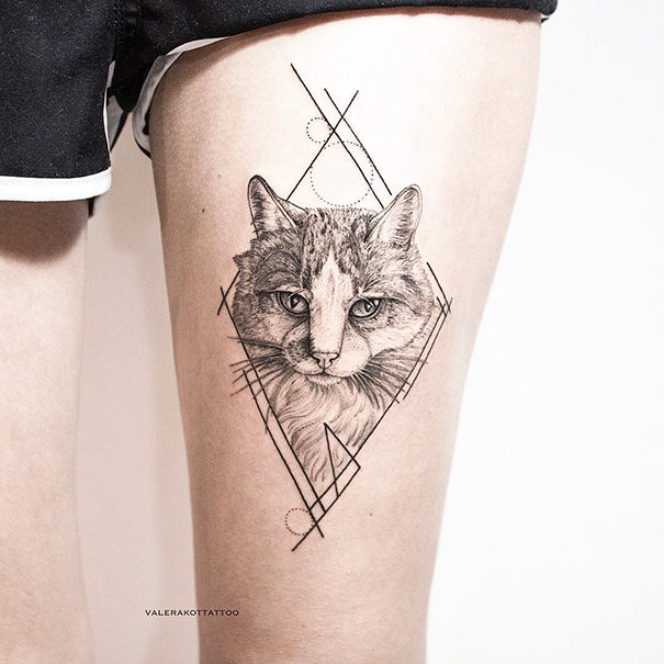 Cat portrait leg tattoo