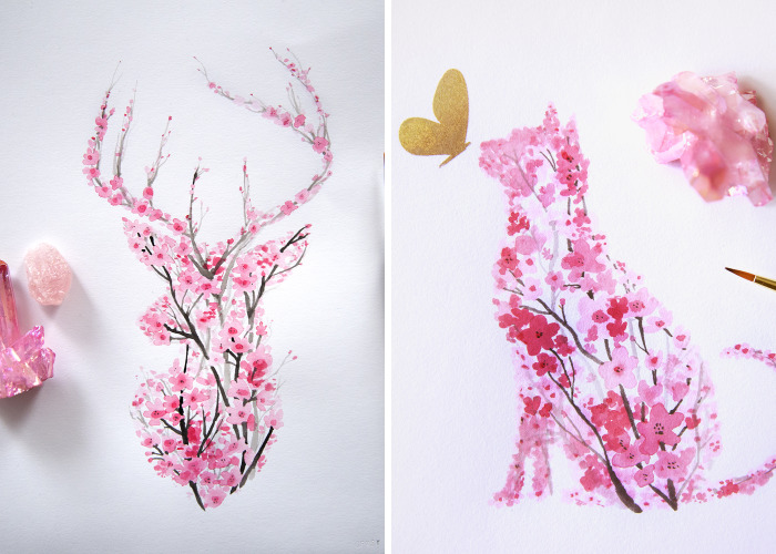 I Watercolor Cherry Blossom Animals