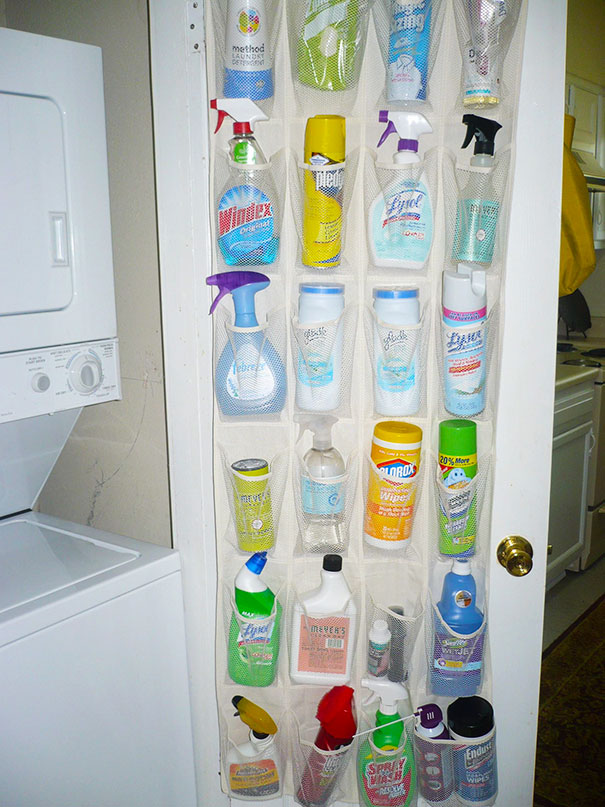 Use A Hanging Shoe Rack To Store Cleaning Supplies And Keep Them Away From Children