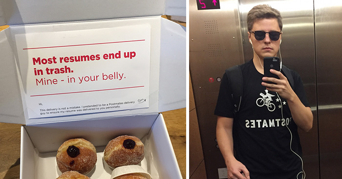 Guy Dresses Himself As Delivery Man To Hand-Deliver His CV Disguised As Box Of Donuts