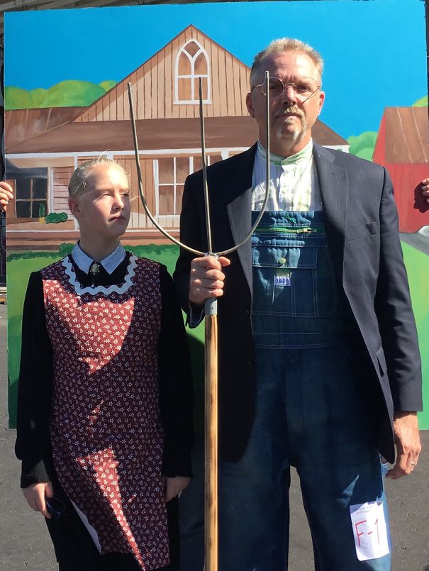 My Daughter And I Doing American Gothic. We Won Best Costume/ Best Over All. April Boss Pained.