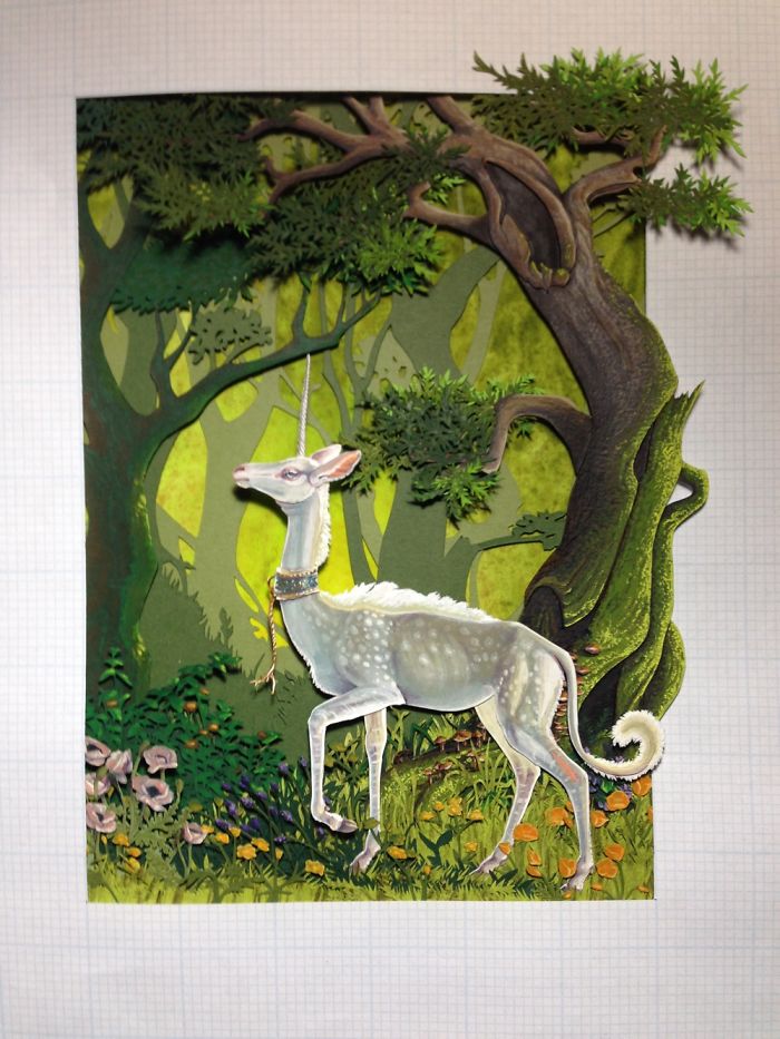 Medieval Unicorn Cut Paper Painting