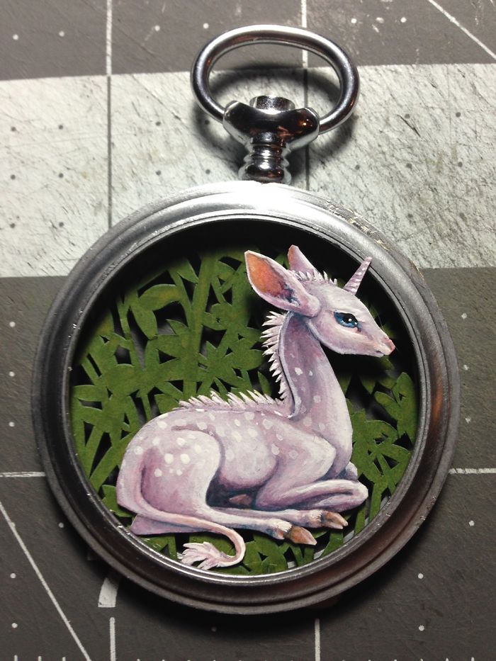 Unicorn Pocket Watch Cut Paper Painting