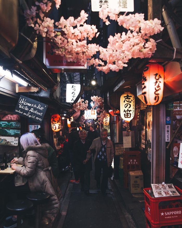 Night street scene in Japan with cherry blossoms, traditional lanterns, and people walking through a narrow alleyway, street photography.