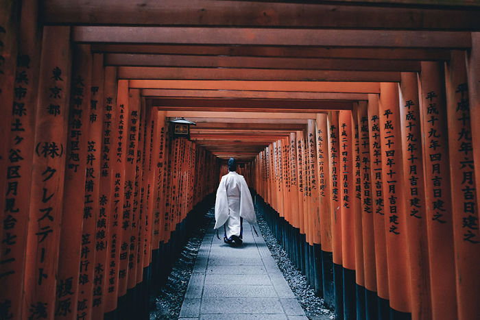Person walking through iconic red torii gates in Japan, a striking example of Japan street photography capturing unique scenes.