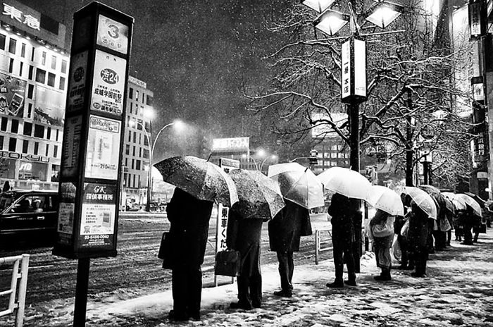 Black and white Japan street photography showing people with umbrellas waiting at a snowy bus stop in an urban setting.