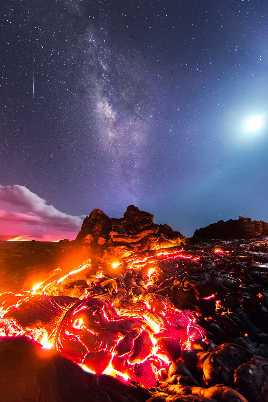 Photographer Risks Getting Burned To Capture Lava, Meteor, Milky Way And Moon In A Single Shot